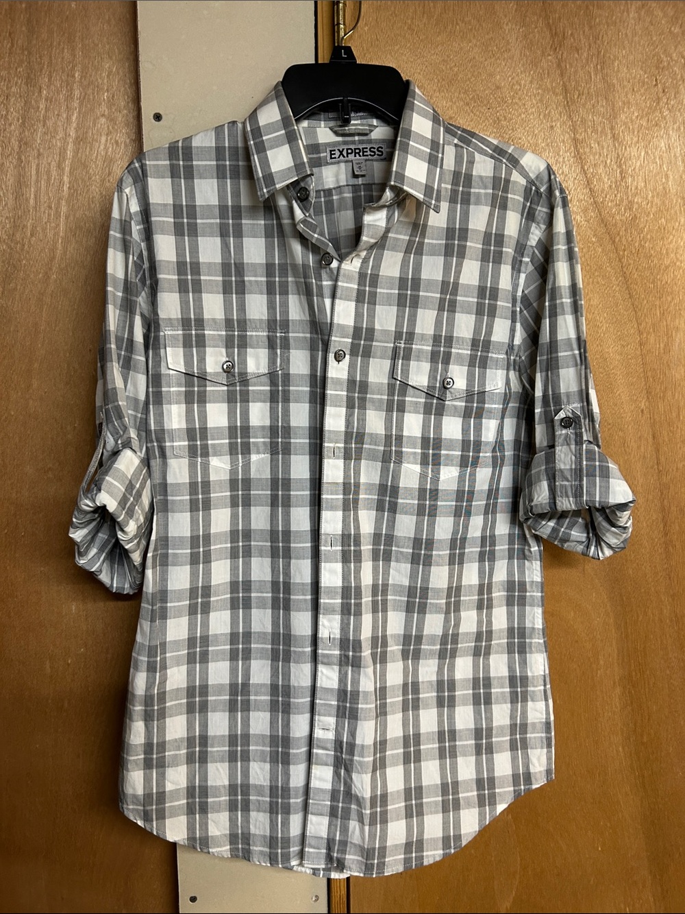 Express Men’s size medium Gray and White Plaid Button-Down Shirt